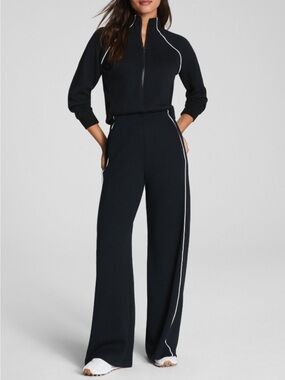 Wide-Leg Track Pants with Contrast Piping - Black
